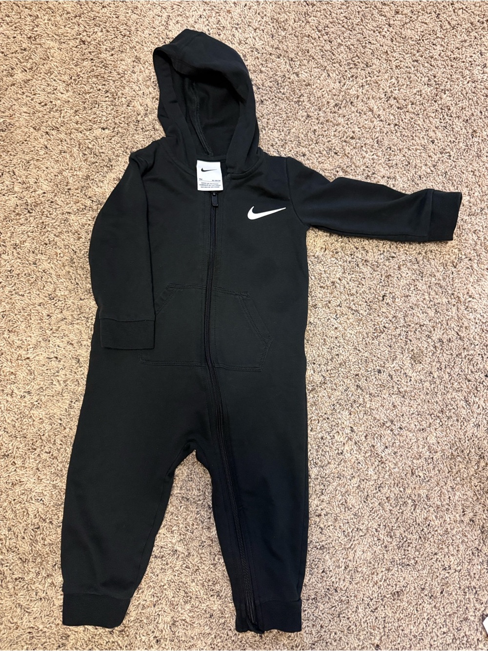 Nike Black Hooded One-Piece Bodysuit with White Swoosh - Size 18 Months